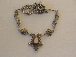 ART DECO SILVER MARCASITE MOTHER OF PEARL PENDANT NECKLACE  