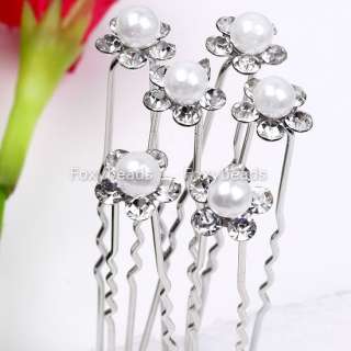 50PC WHITE FAUX PEARL FLOWER CRYSTAL CLIP HAIR PINS NEW  