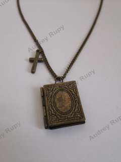 Antique Vintage Copper Book Locket & Cross Necklace  