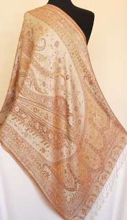 Iridescent Silk. Jamavar, India, Paisley Shawl. Beige  