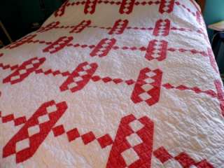   Antique Hand Sewn Red & White Quilt 86x72 Jacobs Ladder  