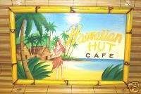 Vintage HAWAIIAN HUT CAFE Retro Tiki Sign Tropical Art  