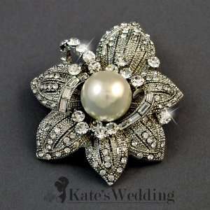 Wedding Brooch Pin Pendant Corsage Faux Pearl Swarovski Crystal Silver 