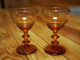 Pair Vtg Retro AMBER Depression Cordial Mini Wine Glass  