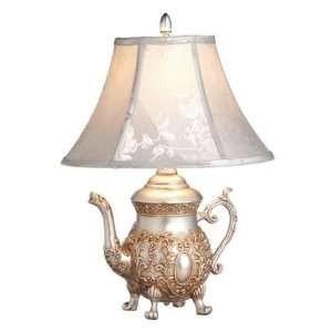  Antique Silver Teapot Accent Lamp With Softback Bell Shade 