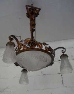 french art deco chandelier SCHNEIDER wrought iron glass  