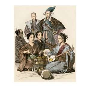 Japanese Women Playing Music and Drums, Wearing Traditional Clothing 