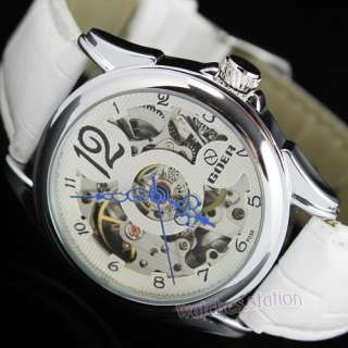   Mechanical White Leather Band Automatic Womens Wrist Watch Blue Hand