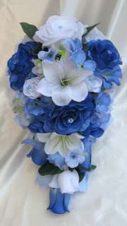 Wedding Cascade Bouquet Bridal Silk flowers ROYAL BLUE WHITE LILY 17pc 