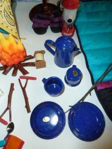 American Girl, Pleasant Co Camping HUGE Lot Outfit, Chair, Blue Dishes 