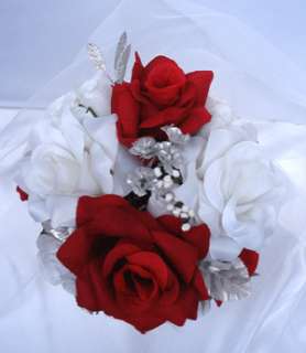 21pc Round Bridal Bouquet wedding flowers RED/ SILVER  