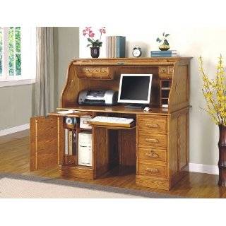 Deluxe Oak Finish Roll Top Home Office Computer Writing Desk Suite