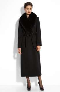   Long Merino Wool Wrap Coat with Genuine Fox Fur Trim  