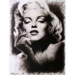 Marilyn Monroe Smoking Sketch Portrait, Charcoal Graphite Pencil 