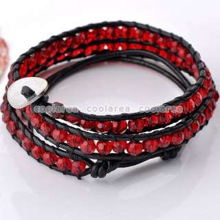   Color CHAN LUU STYLE Crystal Glass Beads Black Leather 2 Wrap Bracelet