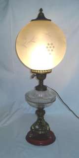   , Banquet Size Electrified Oil Lamp, Etched Cut Glass Shade  