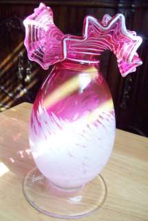 CRANBERRY PINK BLOW GLASS VASE RUFFLED&CRIMPED TOP  