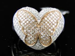 WHITE GOLD FINISH LADIES 2 TONE DIAMOND BUTTERFLY RING  