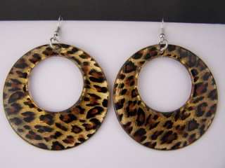 Gold Brown Black cheetah leopard animal print dangle disc hoop 