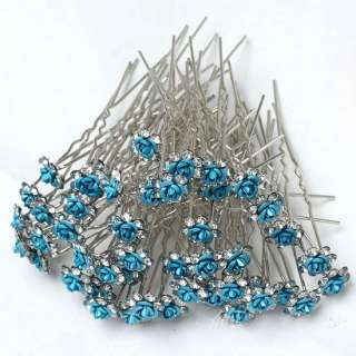 50x Rose Flower Hair Pin Clip Blue Crystal Bulk Bridal  