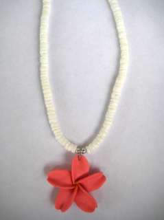 Hawaiian Jewelry Puka Shell Necklace Fimo Pink Plumeria  