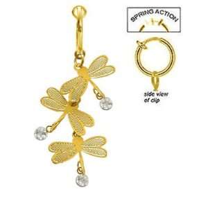 Fake Belly Navel Non Clip on Clear cz 3 Dragonfly Gold plated dangle 