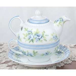   Shabby Chic Blue Flower Teapot & Cup   Tea for One Tea Pot Cup Set