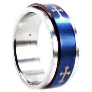 Tri Tone Blue, Silver & Gold Color Cross Spinner Ring, Hypoallergenic 