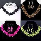 set hand knitted stretchy bead necklace earrings fuchsia grey black 