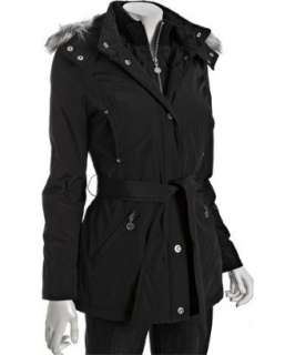 Betsey Johnson black faux fur trim hooded and belted coat   up 
