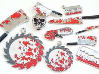 Lot of 10 Pendants Charms MIX Weapon Horror CLEAVER KNIVES RAZOR CHAIN 