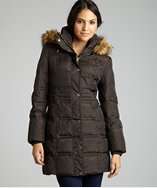 London Fog brown quilted faux fur hooded down coat style# 317419002