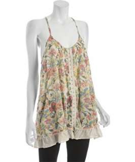Free People ivory floral print cotton blend pintuck tank  BLUEFLY up 