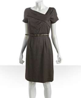 Tahari ASL brown stretch tweed belted asymmetrical dress