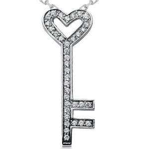    .55CT Real Diamond 14K White Gold Key Pendant Necklace Jewelry