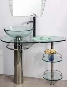 Bathroom Vanity Clear Tempered Glass Vessel Sink w Faucet & Towel Rack 