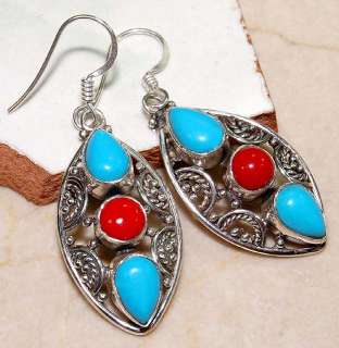 12CT Red Coral & ite 925 Solid Sterling Silver Filigree Earrings 