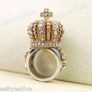 Ring Sz 6/M Royal Crown Cross King Queen Crystal Gold Silver Tone 