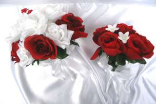   bouquet Silk wedding flowers RED WHITE boutonnieres corsages  