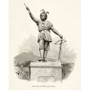  1891 Wood Engraving William Tell Hero Switzerland Marksman Crossbow 